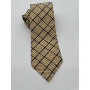 Santoni Italy Men's Tie Gold Tan Plaid Checkered Luxury Designer Necktie